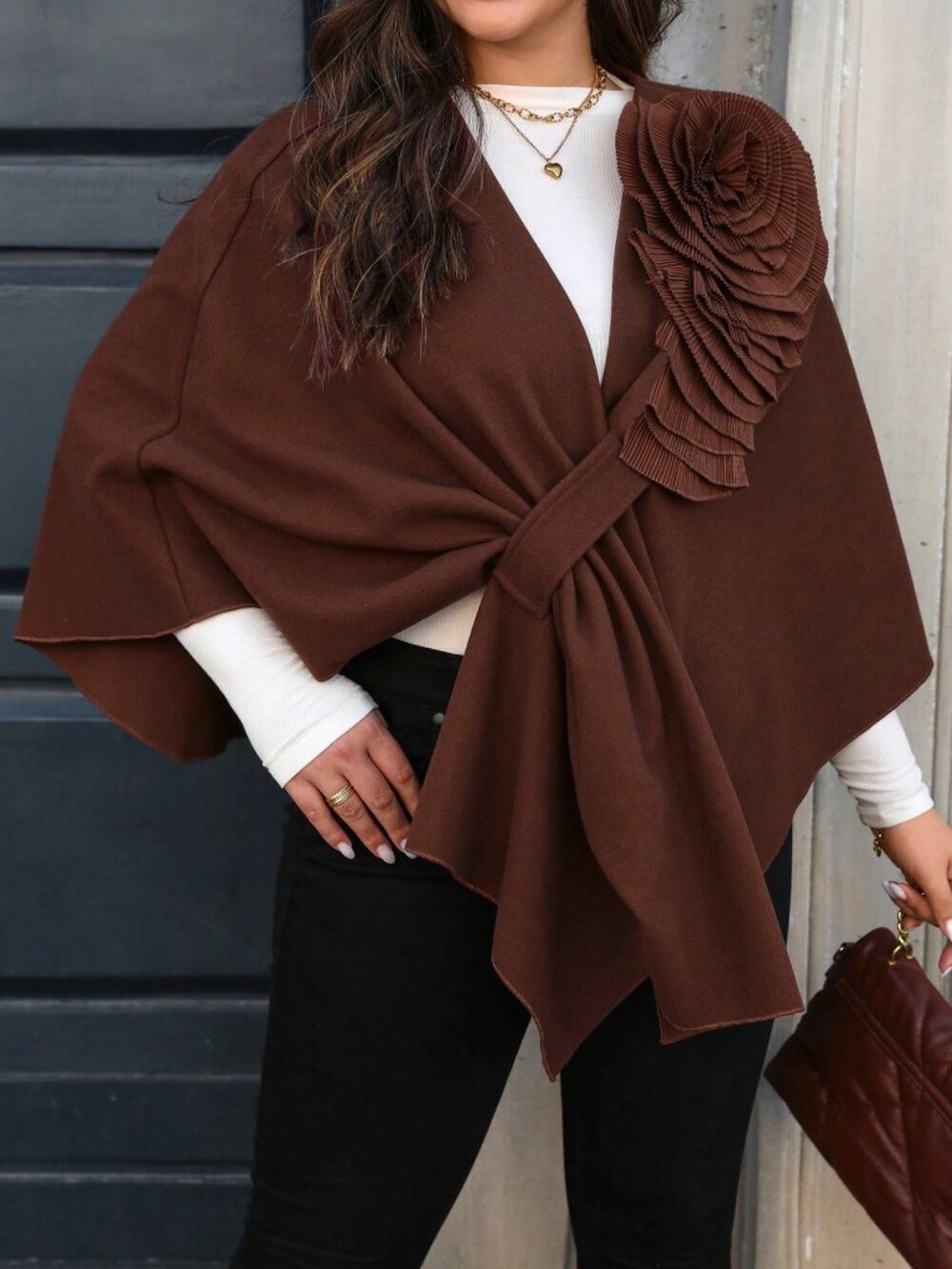 Brown Casual Women's Asymmetrical Hem Floral Decor Poncho Jacket - Picture 7 of 8